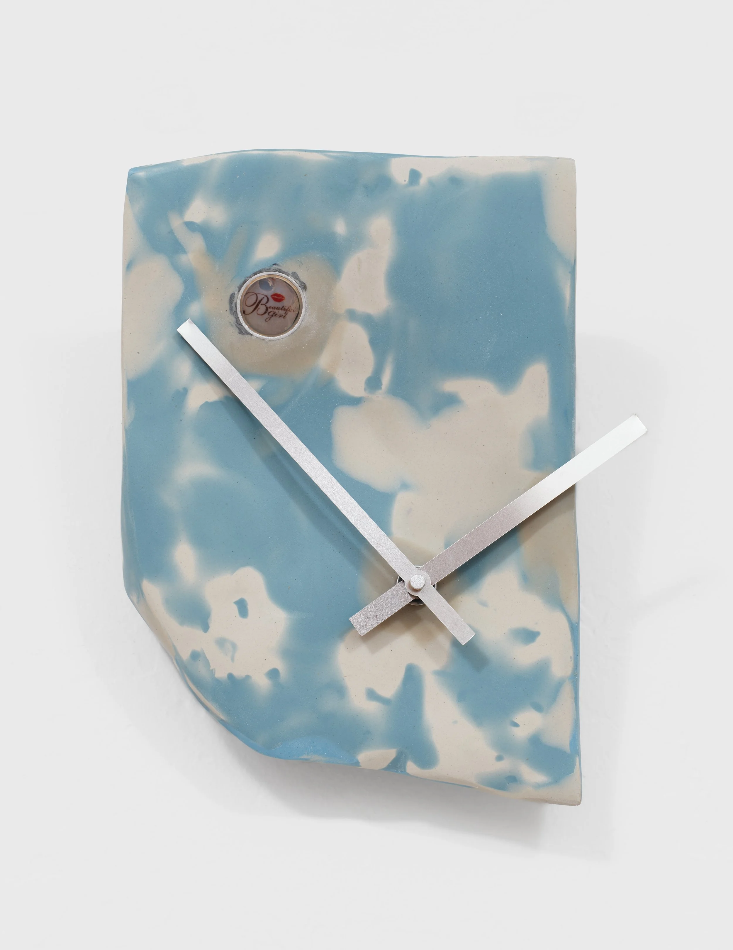 Cameron Cameron, Waiting to Roll Over, 2025 Steel, aluminum, image transfer, acrylic, foam, clock parts, aqua resin, 12 x 10 x 8 in.