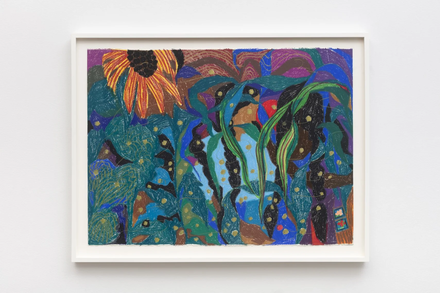 Pallavi Sen,Taking the Long Route Home, I Decided to Walk through the Garden, even with the Possibility of Meeting Deer, 2025, wax pastel on Stonehenge paper, 22 3/8 in. x 30 in. unframed.