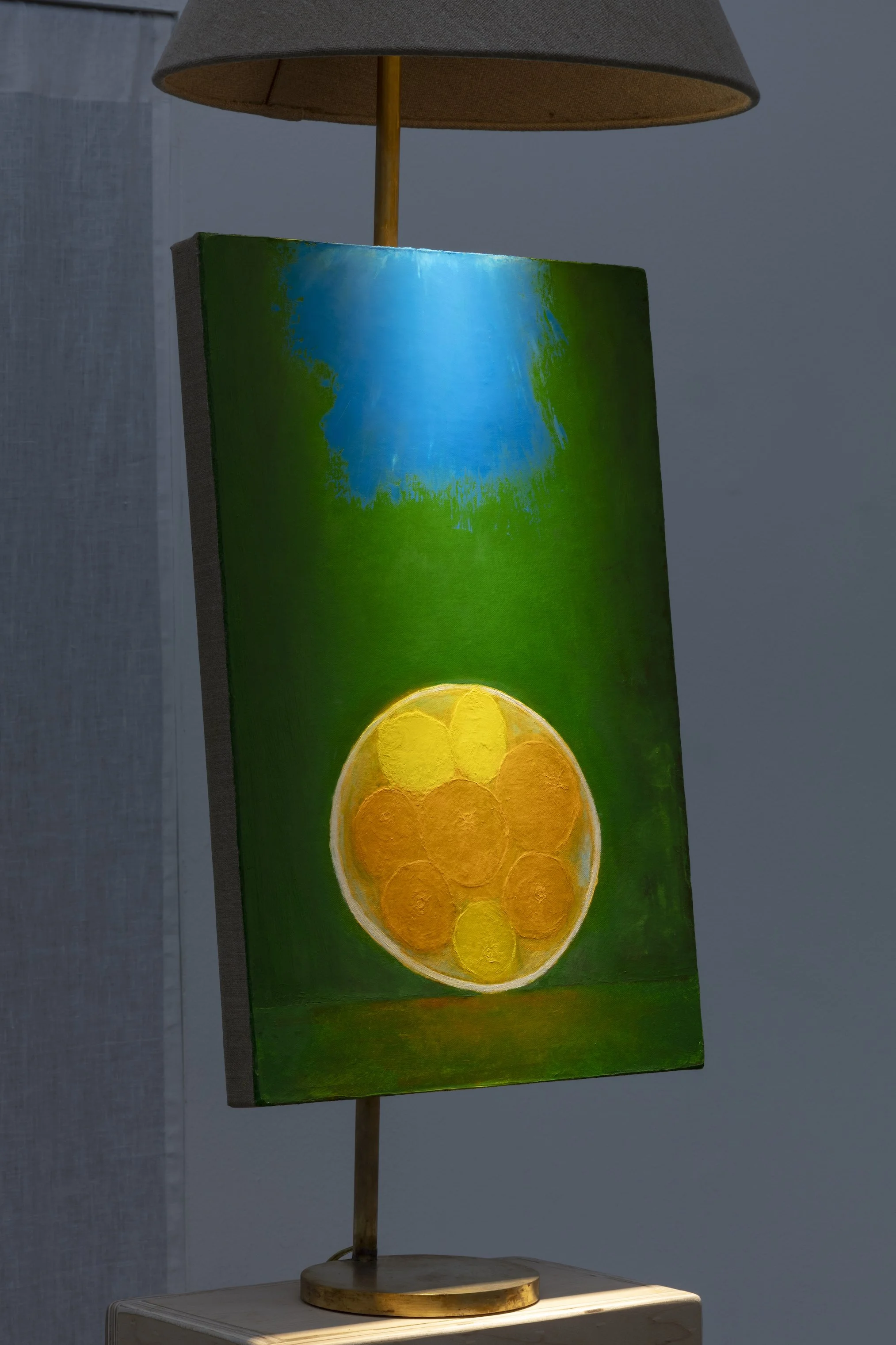 detail, Dustin Metz, Fruit Bowl with Sky Light, 2025, oil on canvas on custom brass lamp, 42 x 15 x 15 in. Image courtesy Josh Schaedel.