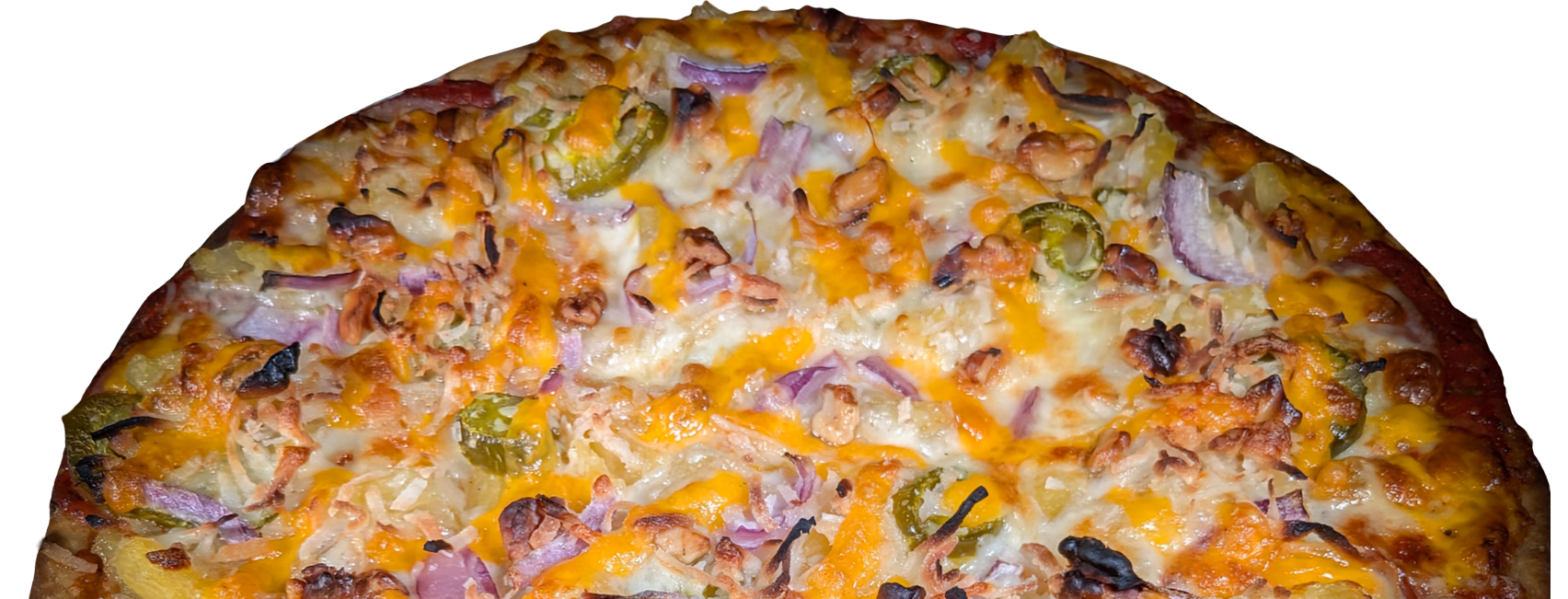 A Twin Thin Luao pizza from Bryn Mawr Pizza and Deli topped with Canadian bacon, pineapple, jalapeño, red onion, cheddar, walnuts, and coconut flakes