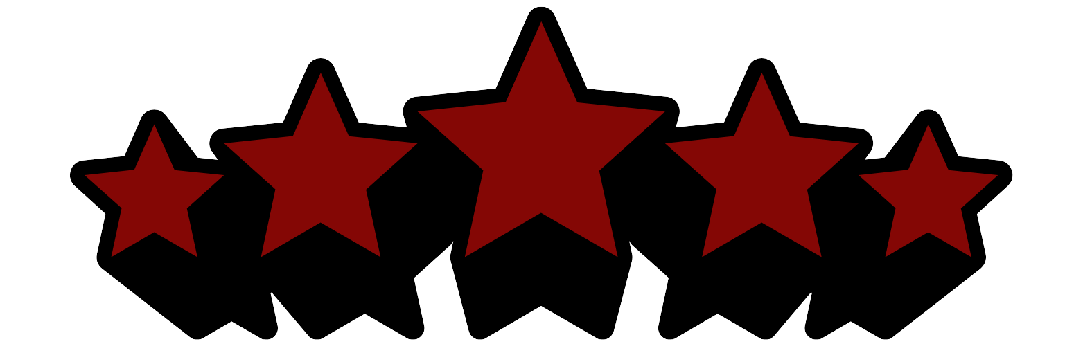 Five red stars with black outlines arranged in a line, with third star being the largest, set against a white background.