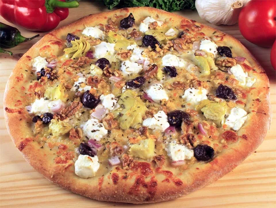 Rosemary Bianca pizza from Bryn Mawr Pizza & Deli featuring cayenne oil, calamata olives, artichoke, red onion, mozzarella, goat cheese, walnuts, rosemary, and garlic