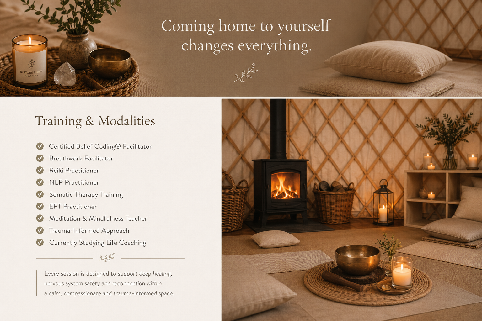 A cozy therapy or meditation room with a fireplace, candles, cushions, baskets, and plants, promoting relaxation and healing.