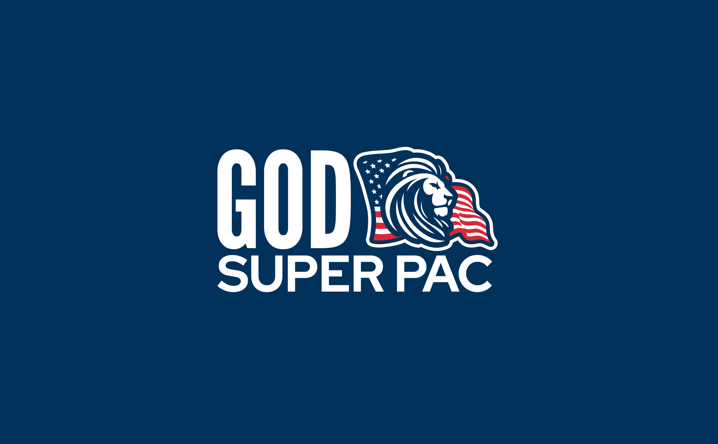 Graphic logo with text 'GOD SUPER PAC' and a lion's head with an American flag background.
