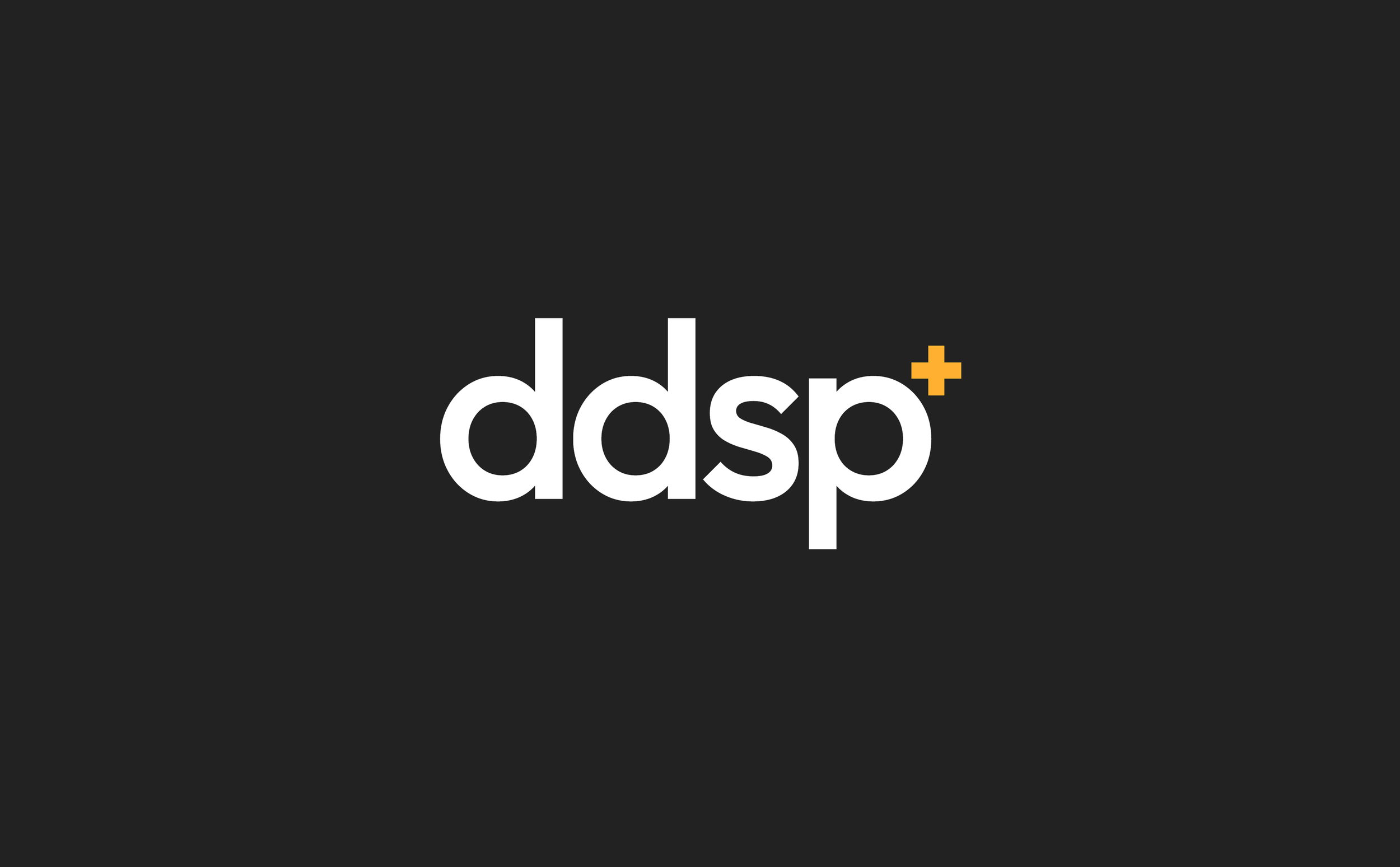 Black background with white lowercase letters spelling "ddsp" and a small yellow plus sign above the letter "p."