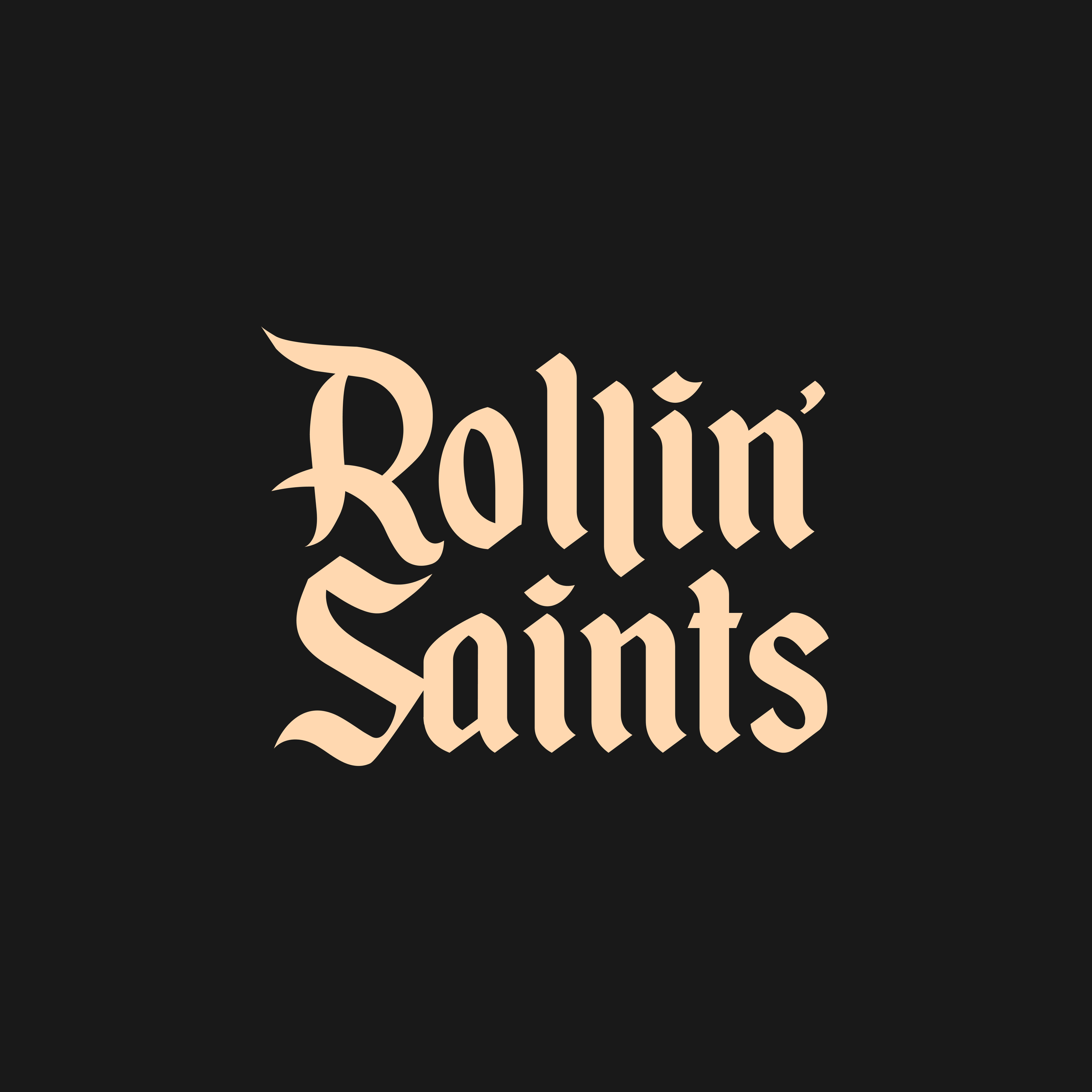 Black background with beige text reading 'Rolling Saints' in gothic style font.