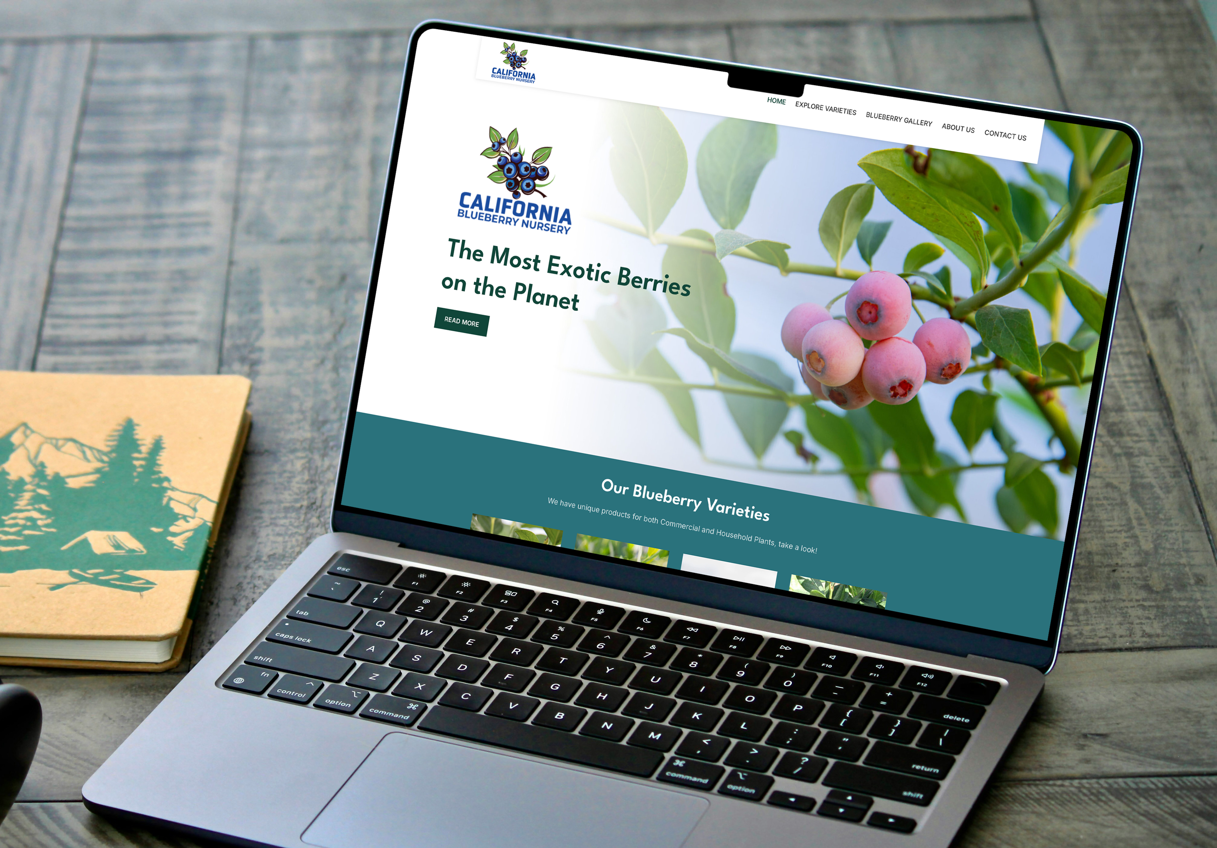 Laptop displaying the California Blueberry Nursery website, with a close-up of pink blueberries on a branch. The page promotes exotic berries and blueberry varieties. Next to the laptop, there's a notebook with a mountain and tree illustration on the cover, placed on a wooden surface.