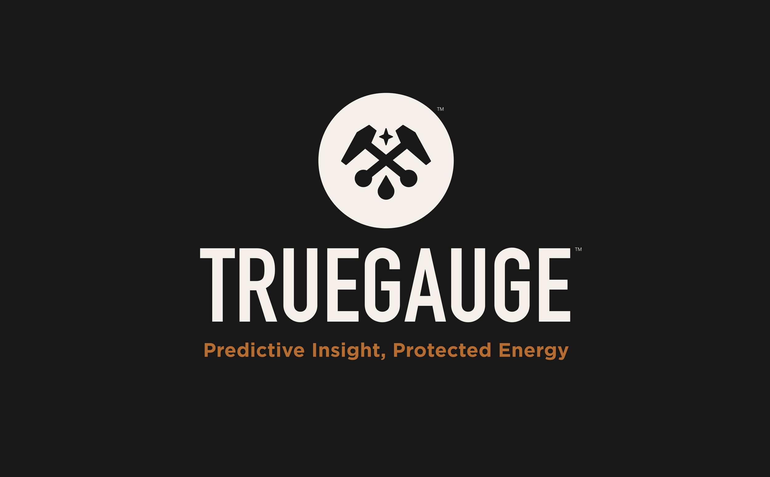 Logo with crossed oil pumps, star, and droplet icon above the text "TRUEGAUGE" with the tagline "Predictive Insight, Protected Energy" in brown on a black background.