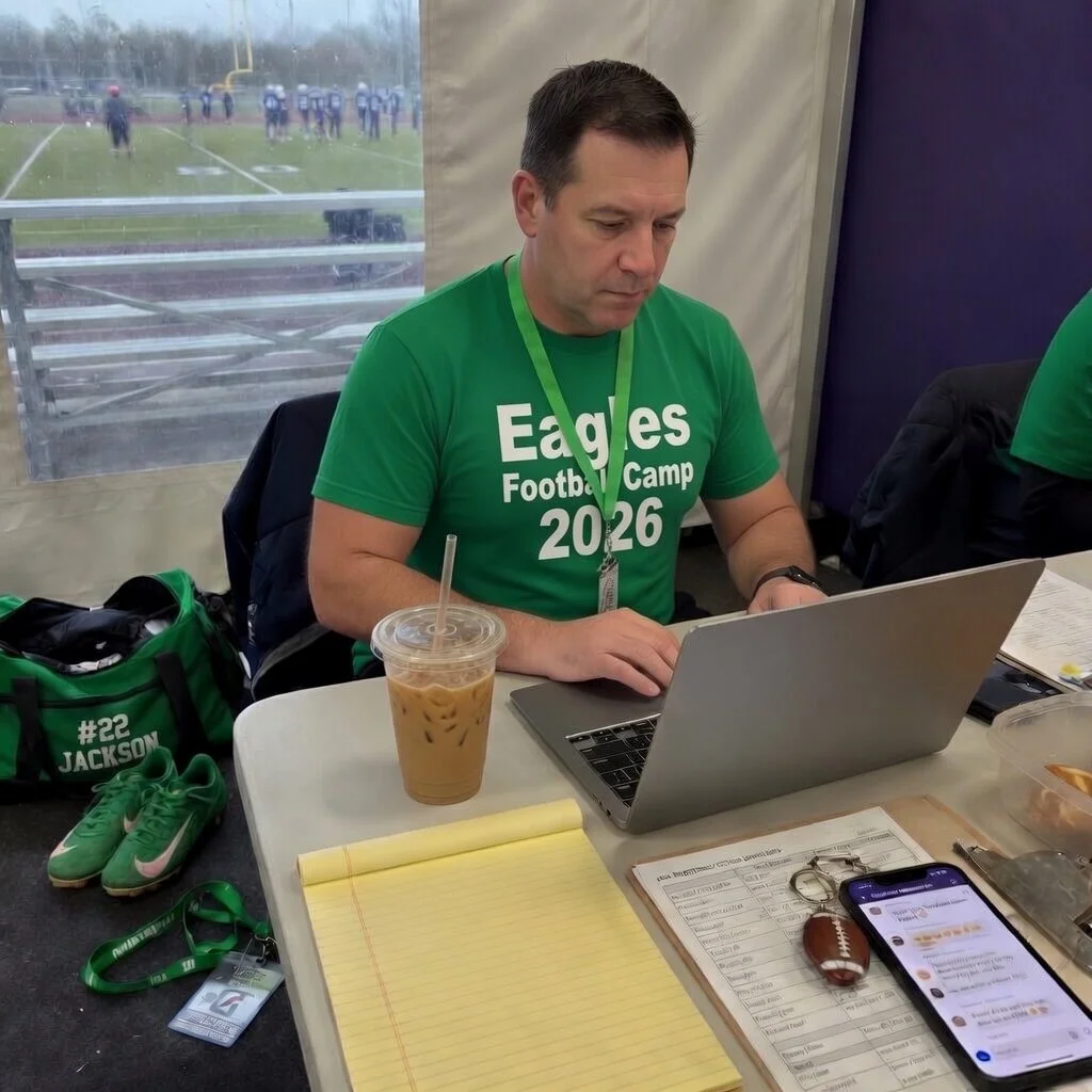 A man sitting at a table inside a tent, working on a laptop, wearing a green 'Eagles Football Camp 2026' shirt. On the table are an iced coffee, yellow notepad, football keychain, smartphone displaying messages, and a pair of green sports shoes. In the background, football players are practicing on a field.