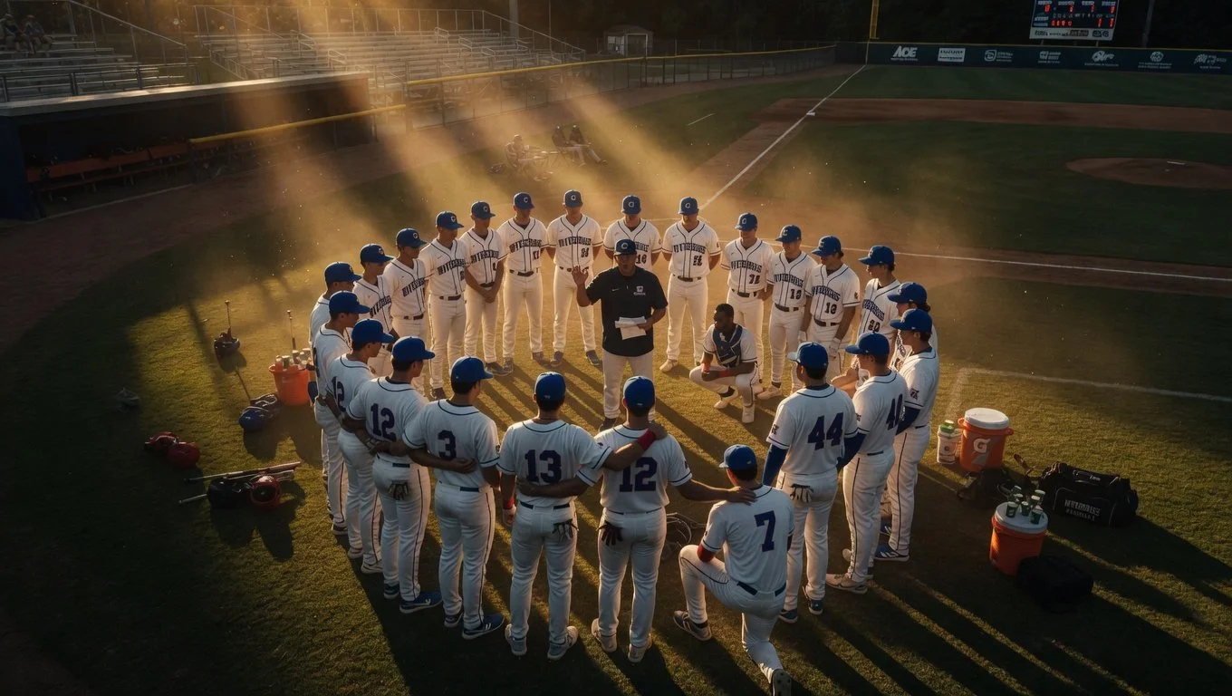 A baseball team in white uniforms and blue caps standing in a circle on the field with their coach speaking to them during sunset.