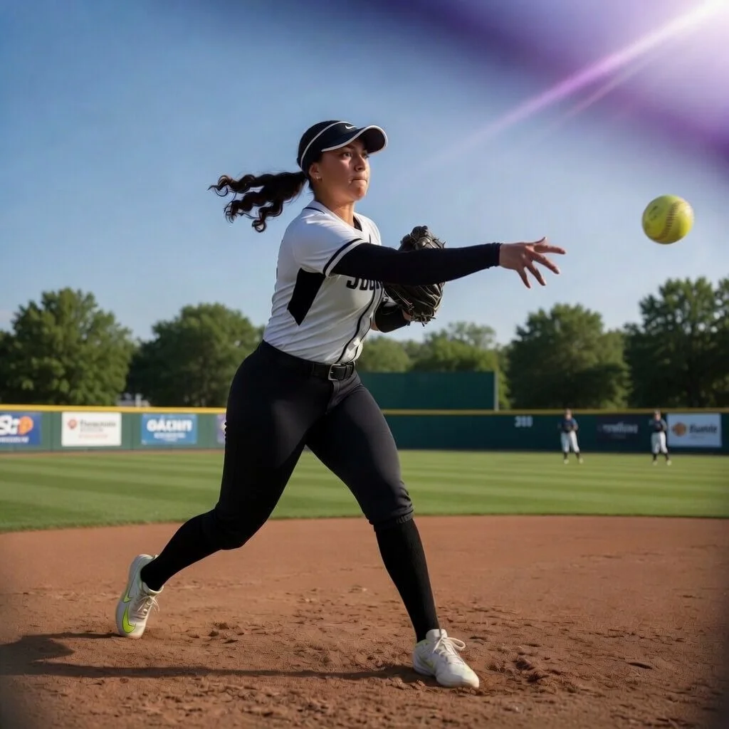 A female softball player in a white and black uniform fielding a ball on a baseball field during daytime.