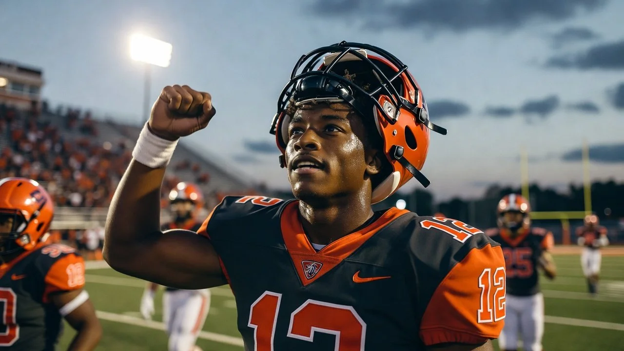 An American football player wearing a black and orange uniform with the number 12, raising his fist in celebration on a football field during the evening with stadium lights and a cloudy sky.