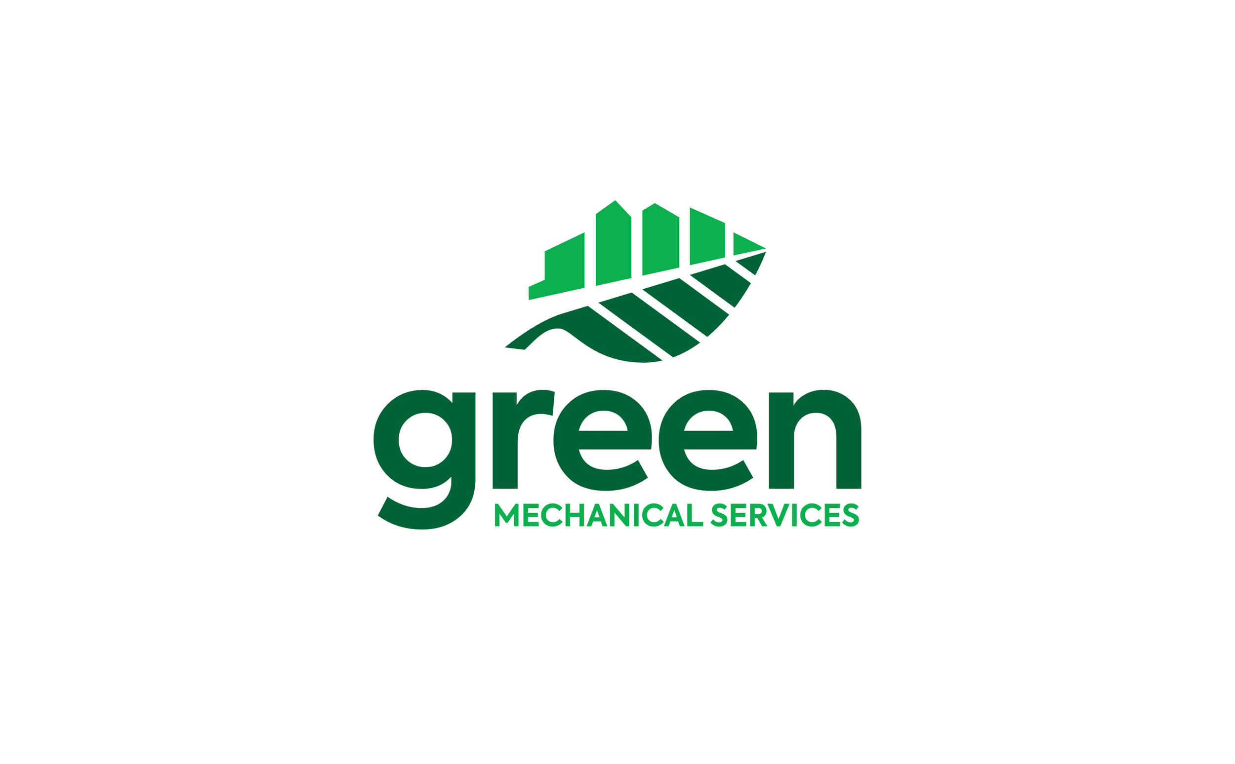 Logo for Green Mechanical Services featuring a stylized green leaf with a city skyline silhouette integrated into the upper part.