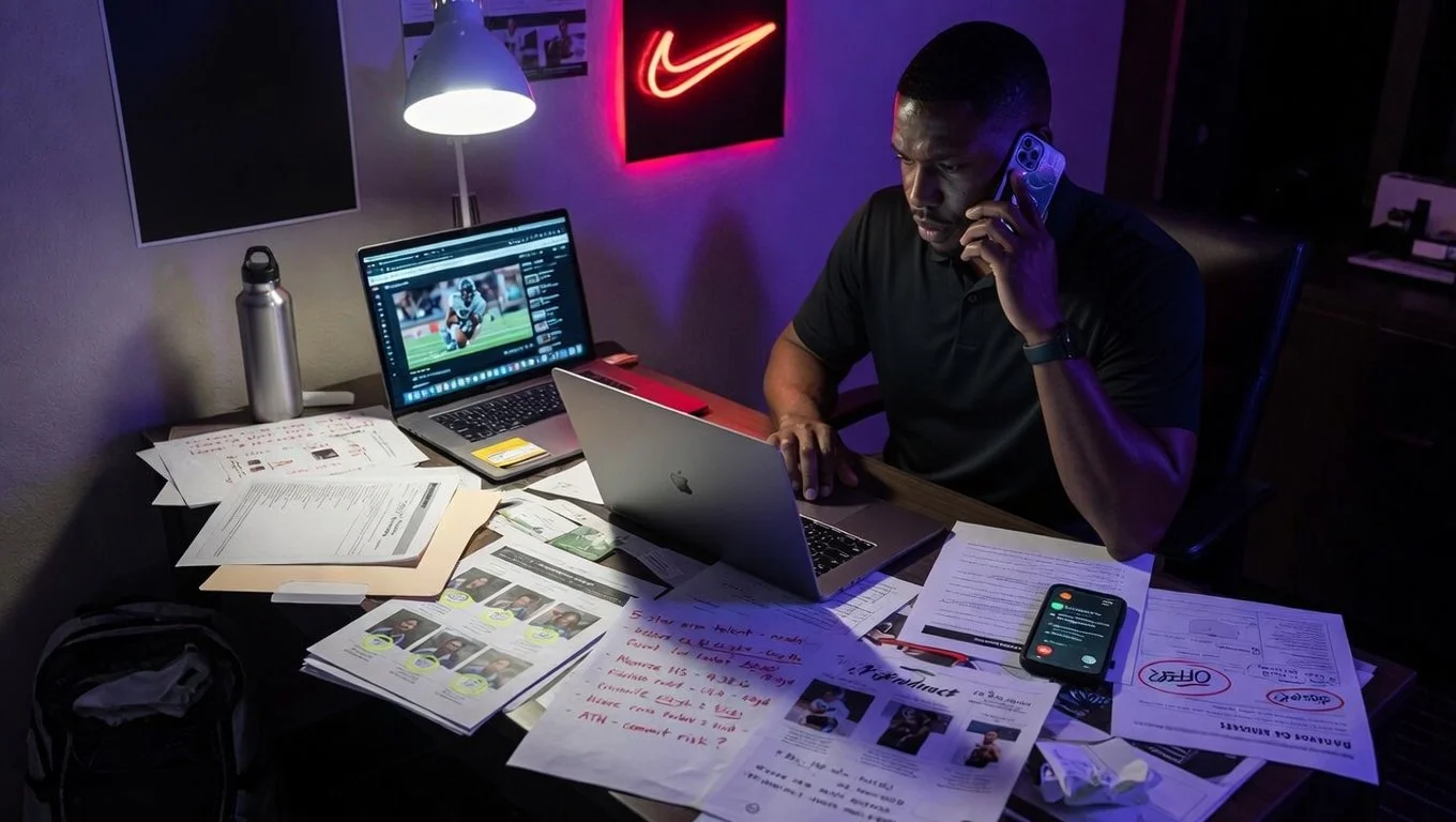 A man working at a cluttered desk with laptops, papers, a smartphone with a call screen, and a water bottle, in a dimly lit room with sports-themed decorations.