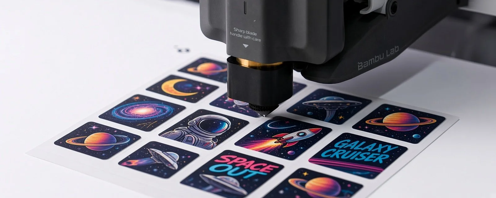 Bambu Lab cutting machine working over a sheet of colorful space-themed stickers, including planets, a rocket, astronaut, galaxy, and space-themed text.