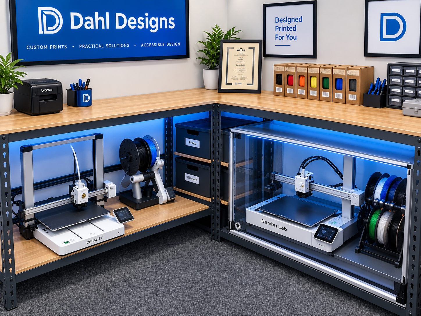 A workspace in a design studio with 3D printers and printer supplies. There are framed posters, a certificate, and colorful filament spools on the wall. The desks hold printers, storage boxes, and tools.