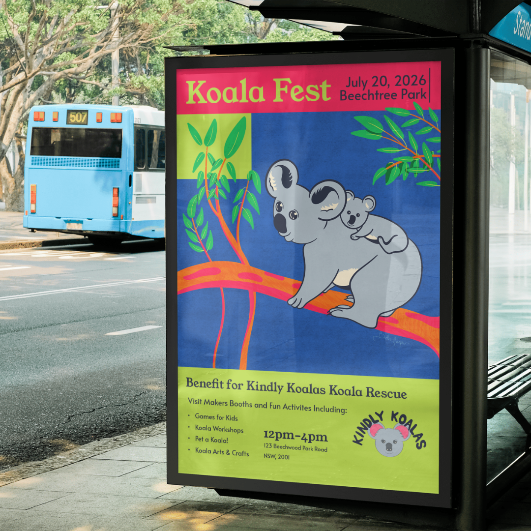 Example of Beth Harper Design brand illustration for koala rescue event poster