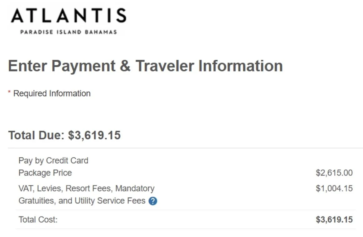 Sample booking of Atlantis Paradise Island Bahamas booking showing elevated pricing compared to the Comfort Suites Paradise Island