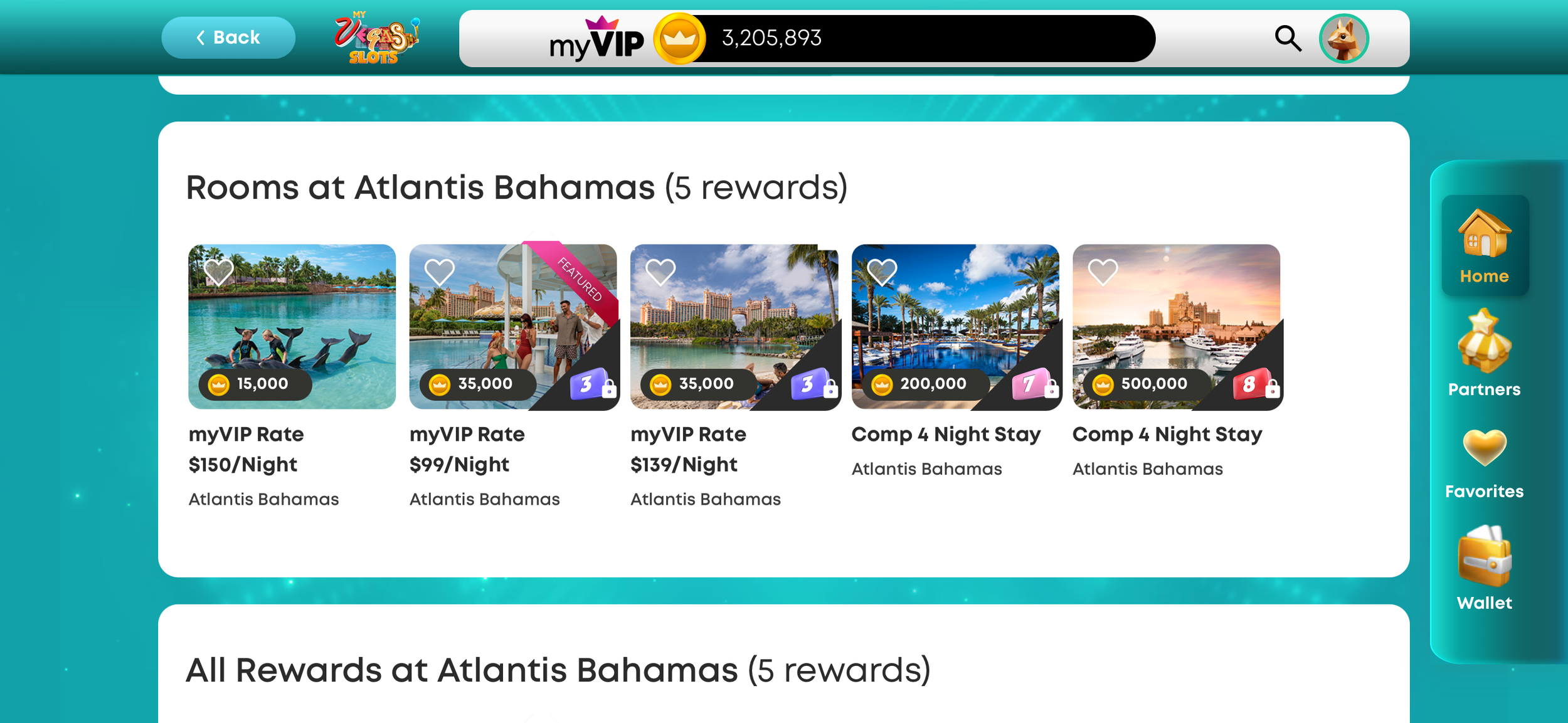 myVegas games showing rewards for comped and discounted rooms at Atlantis, Bahamas