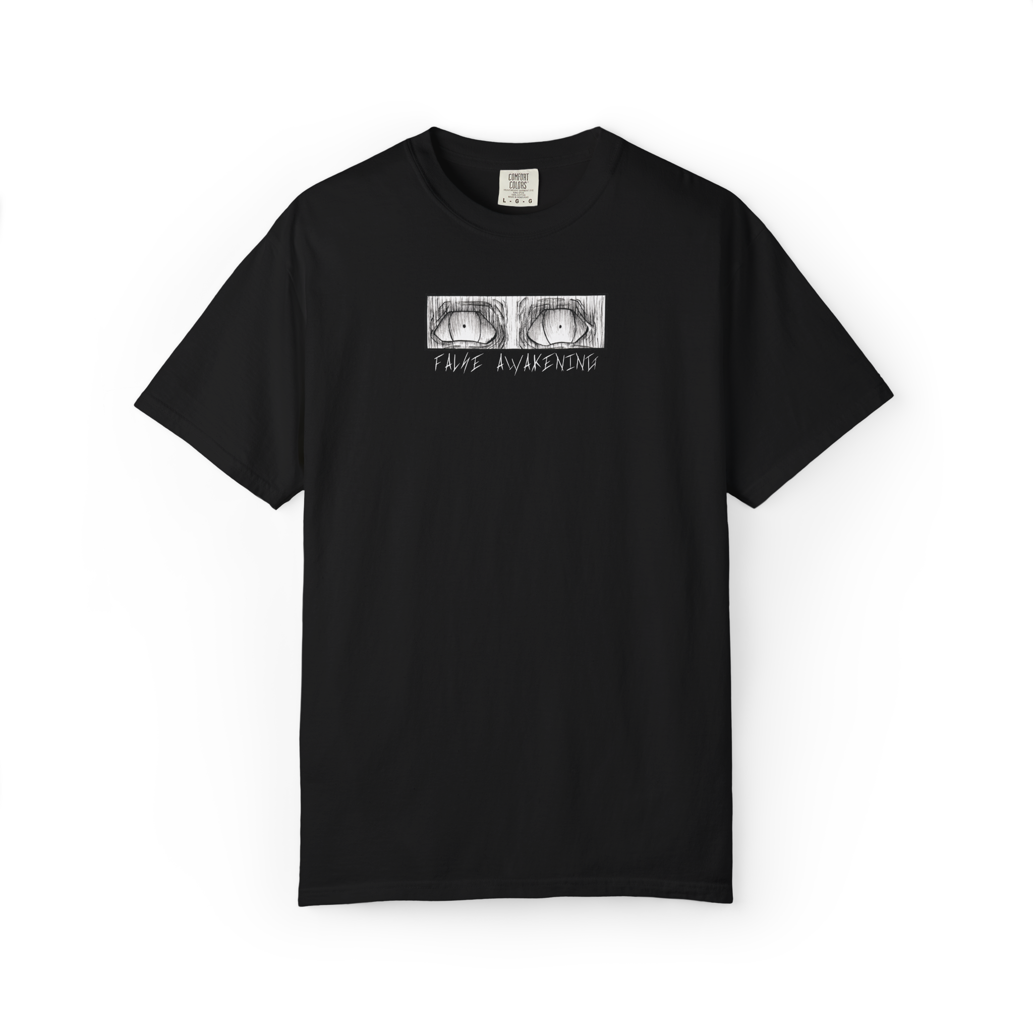 Black t-shirt with a graphic of a creepy humanoid creature, upside down, featuring elongated limbs and a detailed face, accompanied by stylized text on the side. Streetwear style t-shirt made by Empty Blurr