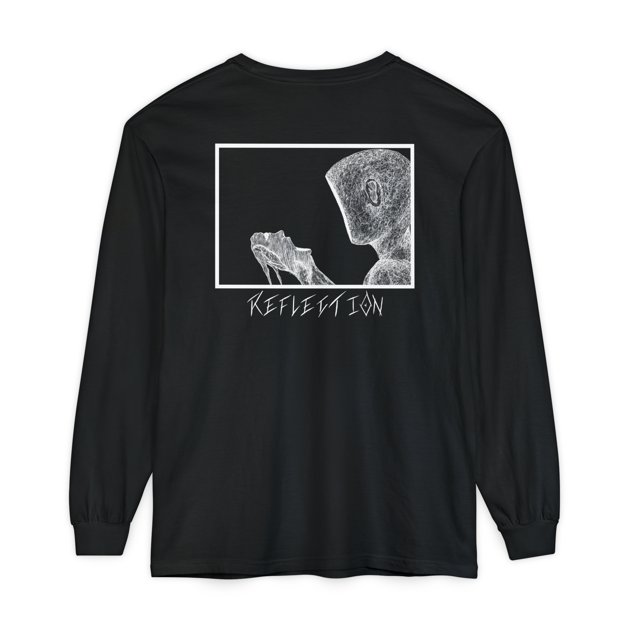 Black long-sleeve T-shirt with 'EMPTYBLURR' graphic in white lettering on the front. Long sleeve is a streetwear style made by Empty Blurr