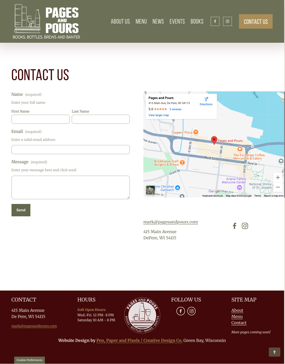 Contact Form - Pages and Pours website with map and contact form