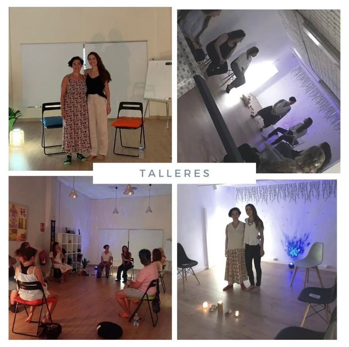 Cuatro fotos de diferentes talleres, incluyendo personas participando en actividades en interiores con decoraciones suaves y sillas, en un ambiente relajado y de aprendizaje.