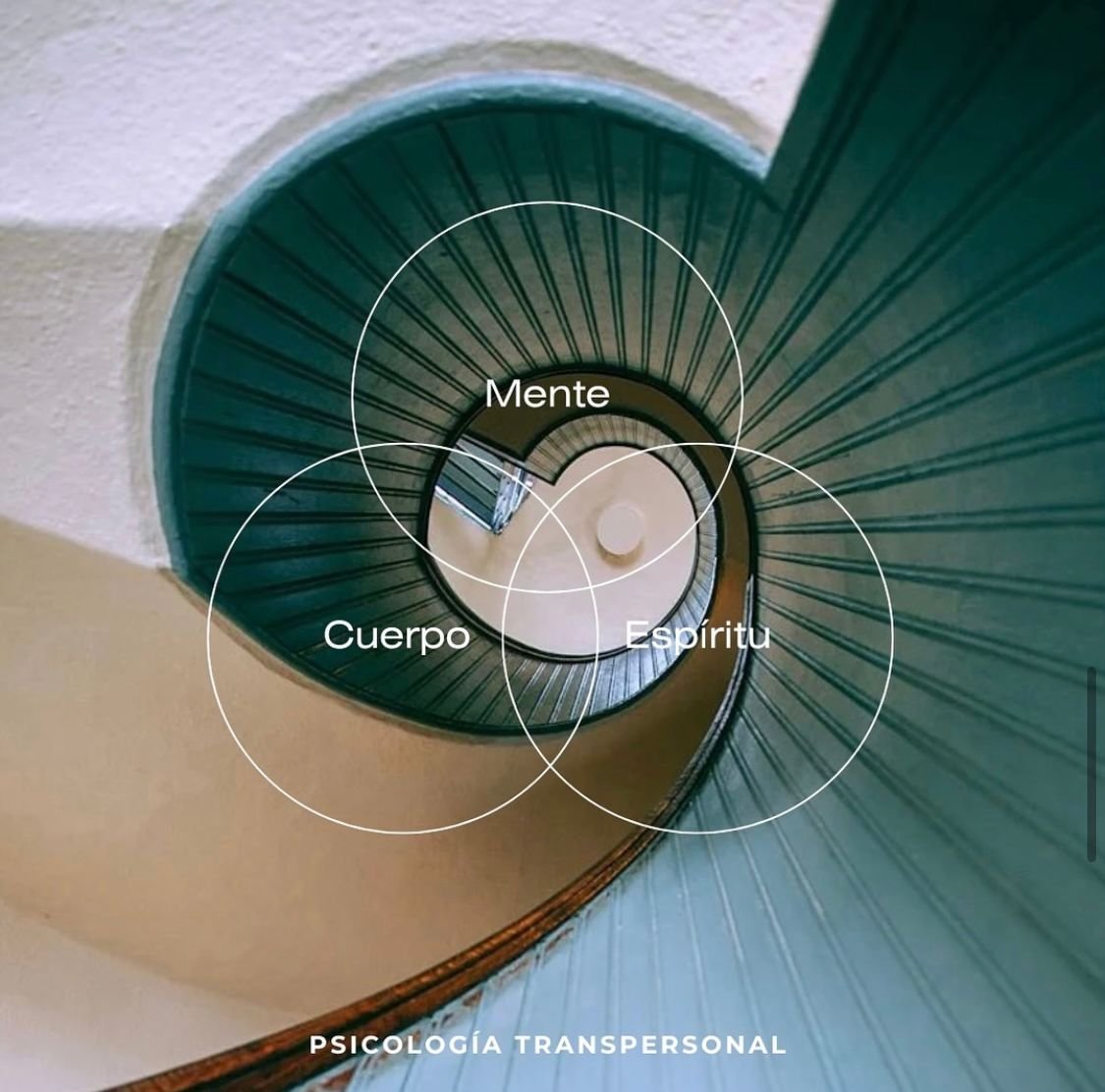 Vista de arriba de una escalera en espiral con etiquetas que dicen: Mente, Cuerpo, Espíritu, y Psicología Transpersonal.