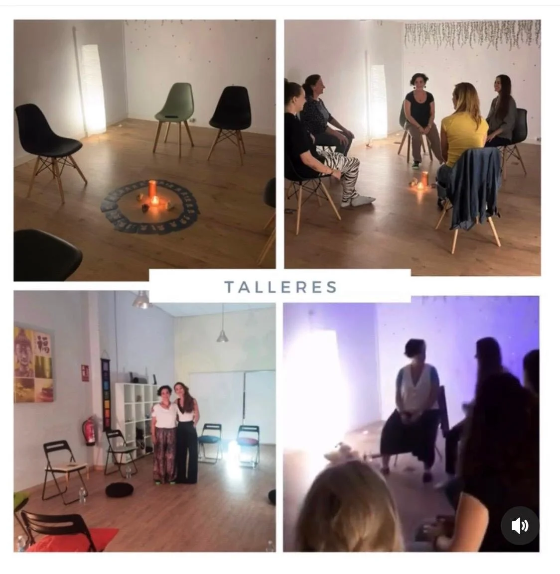 Cuatro fotos del taller. La primera y segunda muestran una sala vacía con sillas y una luz de vela en el suelo, donde en la segunda hay personas sentadas en círculo. La tercera muestra a dos mujeres en una sala con sillas y cuadros en la pared. La cu
