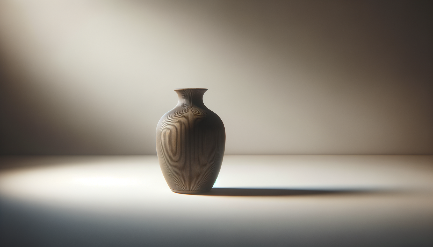 A beige, textured ceramic vase with a narrow neck and flared rim, placed on a flat surface with a shadow and soft, diffused lighting.