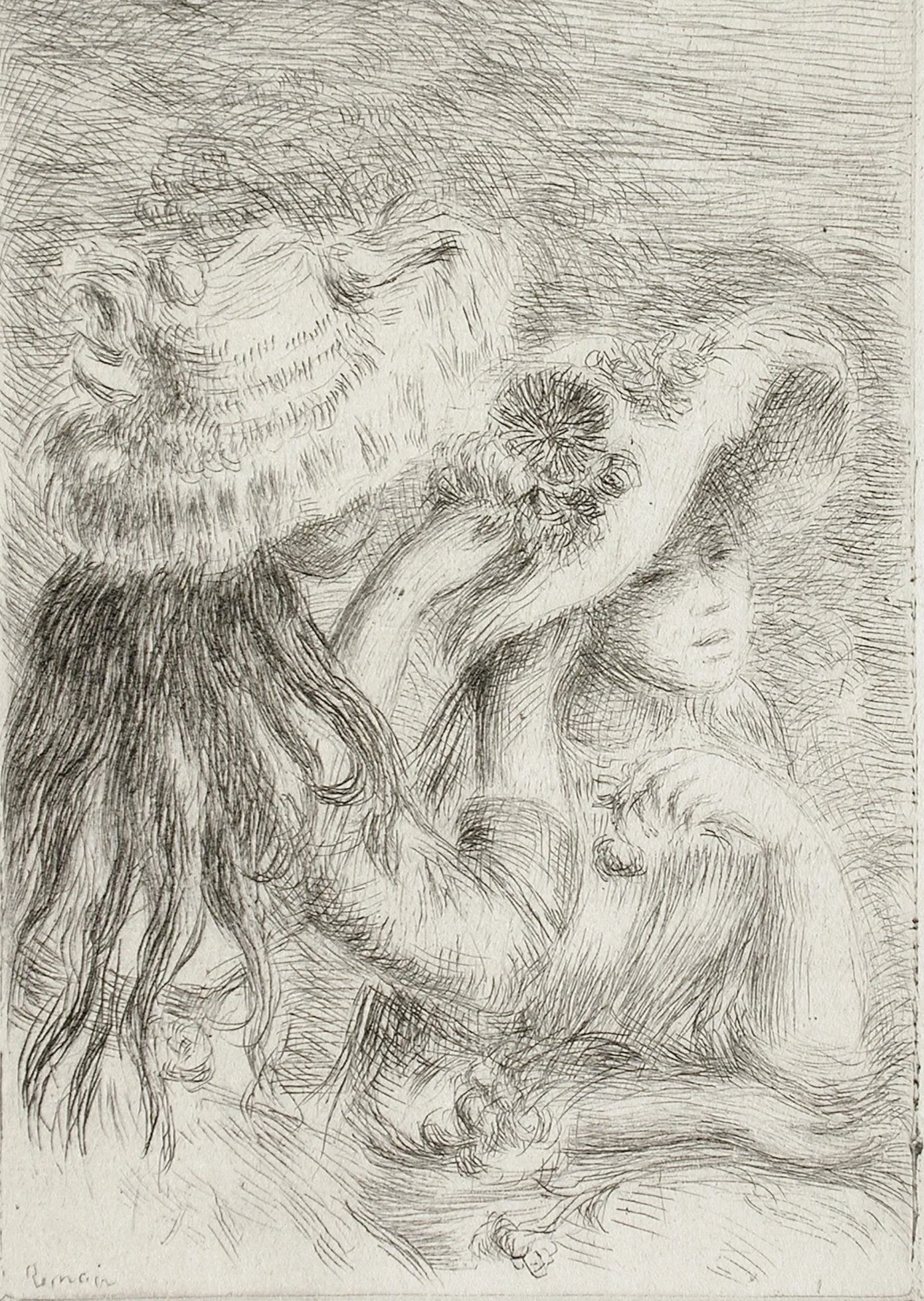 August Renoir etching Le Chapeau Epingle. A woman fixing the hat of her companion.