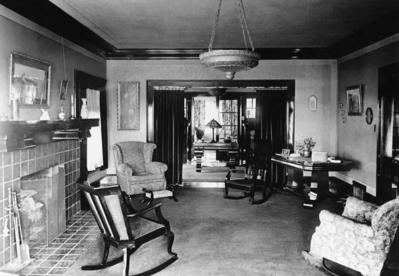 	 Interior view of a two-story Craftsman house at 658 South Bronson Avenue, Los Angeles, showing the living room.