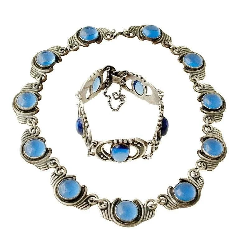Los Castillo Sterling Silver &amp; Blue Glass Necklace Bracelet Set