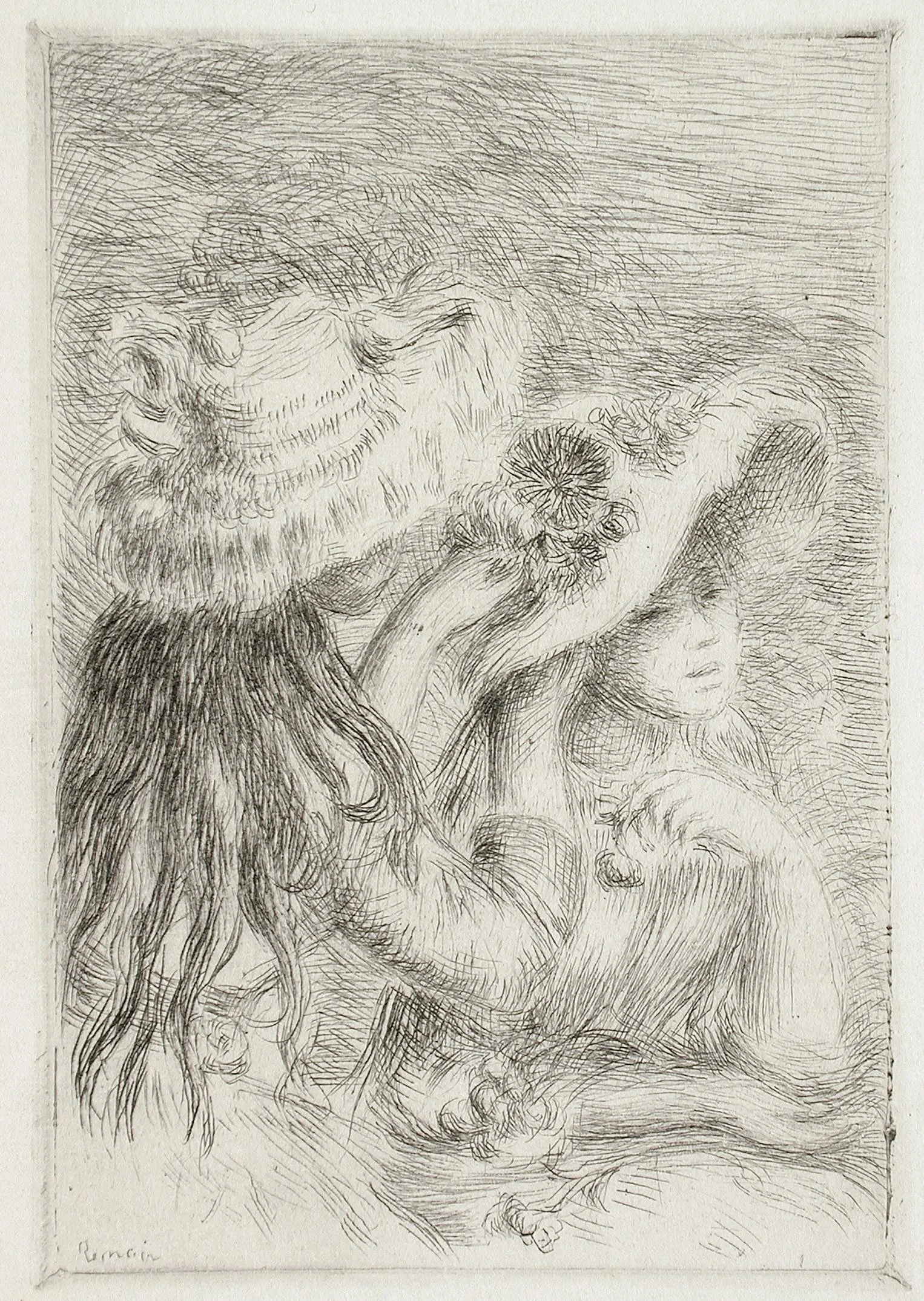 August Renoir etching Le Chapeau Epingle. A woman fixing the hat of her companion.