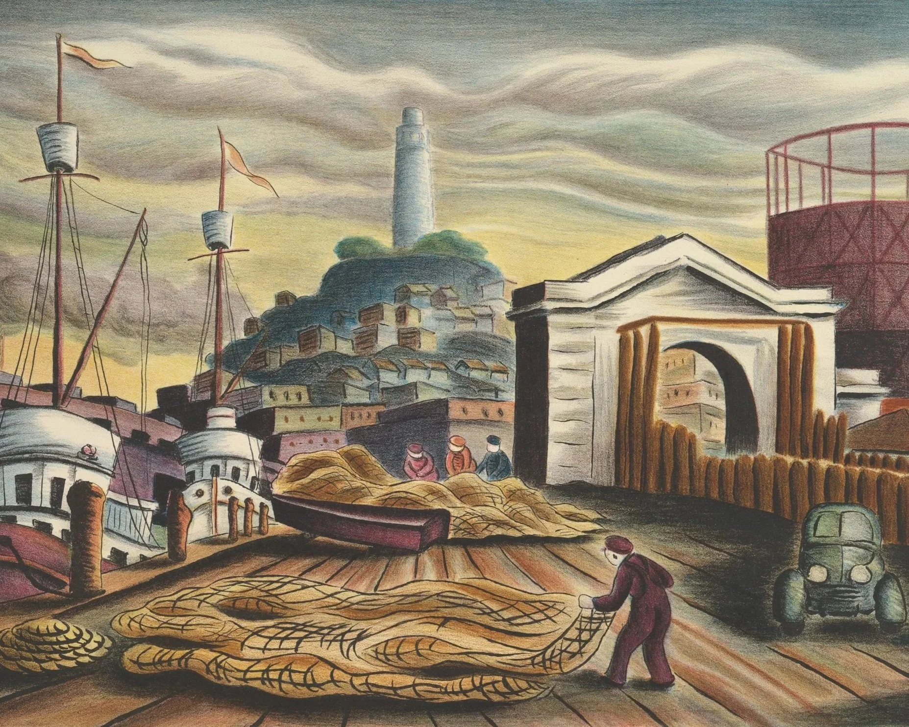 A San Francisco pier with Coit Tower in the background and fisherman in the foreground.