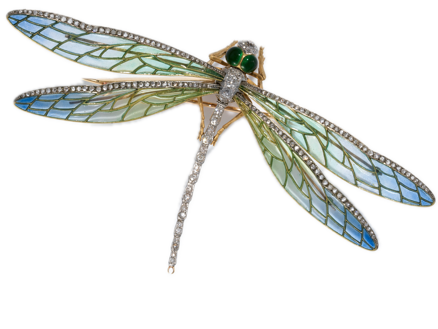A decorative ladybug brooch with iridescent wings, green eyes, and encrusted with small clear crystals.
