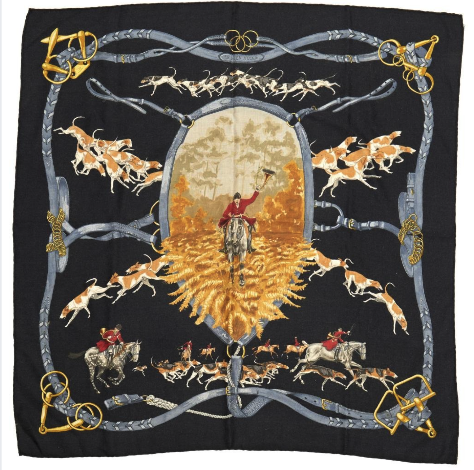 An Hermes scarf Le Bien Aller featuring an illustration of jockeys riding horses, surrounded by a border of horse bridles and straps, with an autumnal forest scene in the center.
