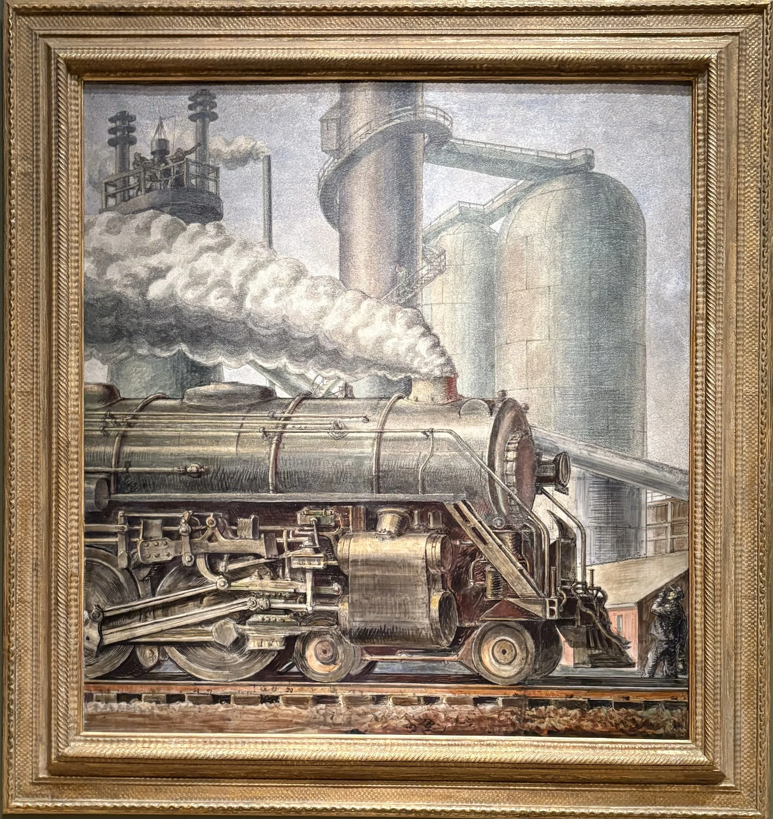 Reginald Marsh. A painting of an industrial scene depicting a steam locomotive emitting smoke, large tanks, pipes, and factory infrastructure, framed in gold.