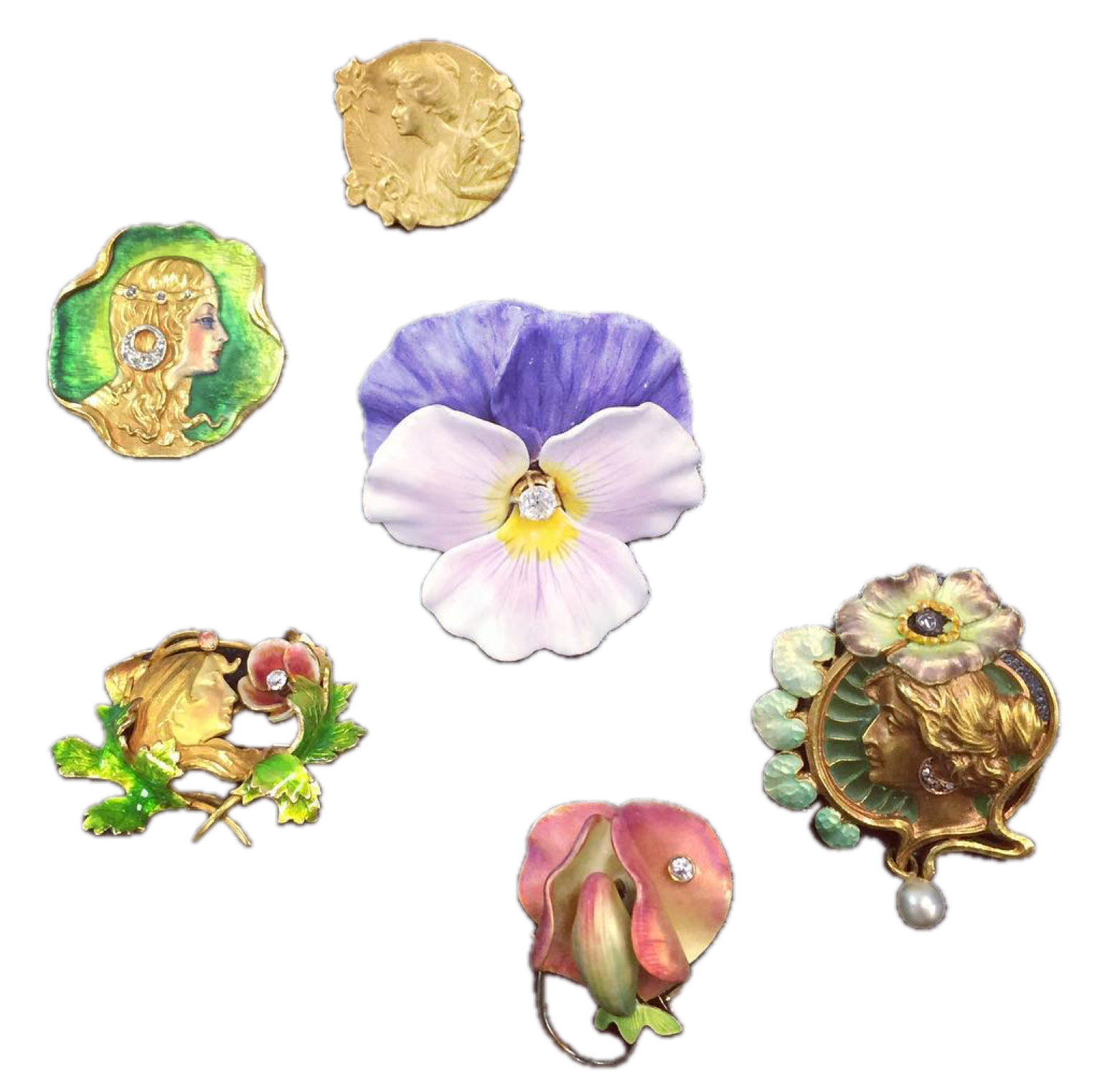 Art Nouveau enamel and gem-set brooches