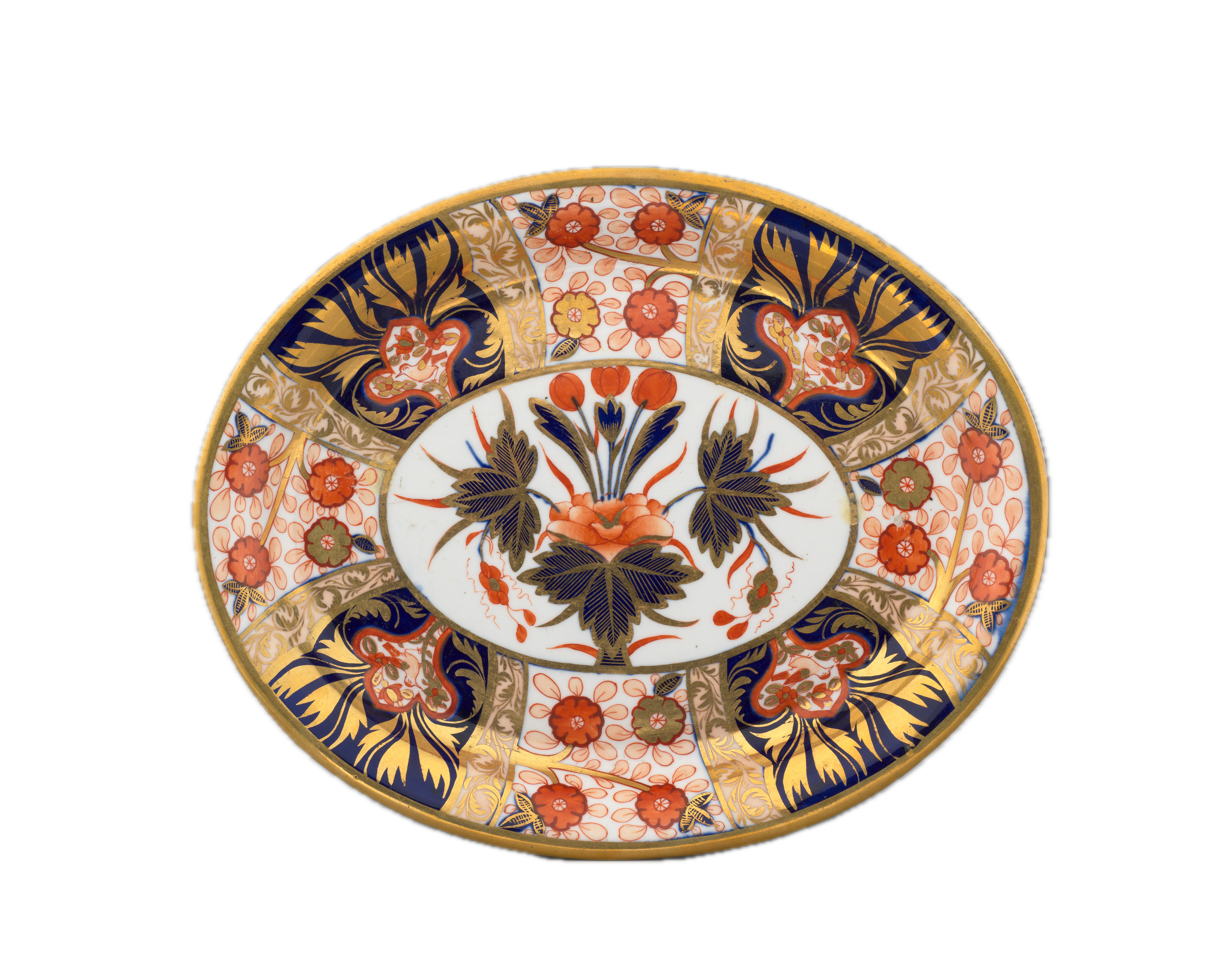 Decorative porcelain plate featuring intricate floral patterns in red, orange, gold, blue, and green with a gold rim.