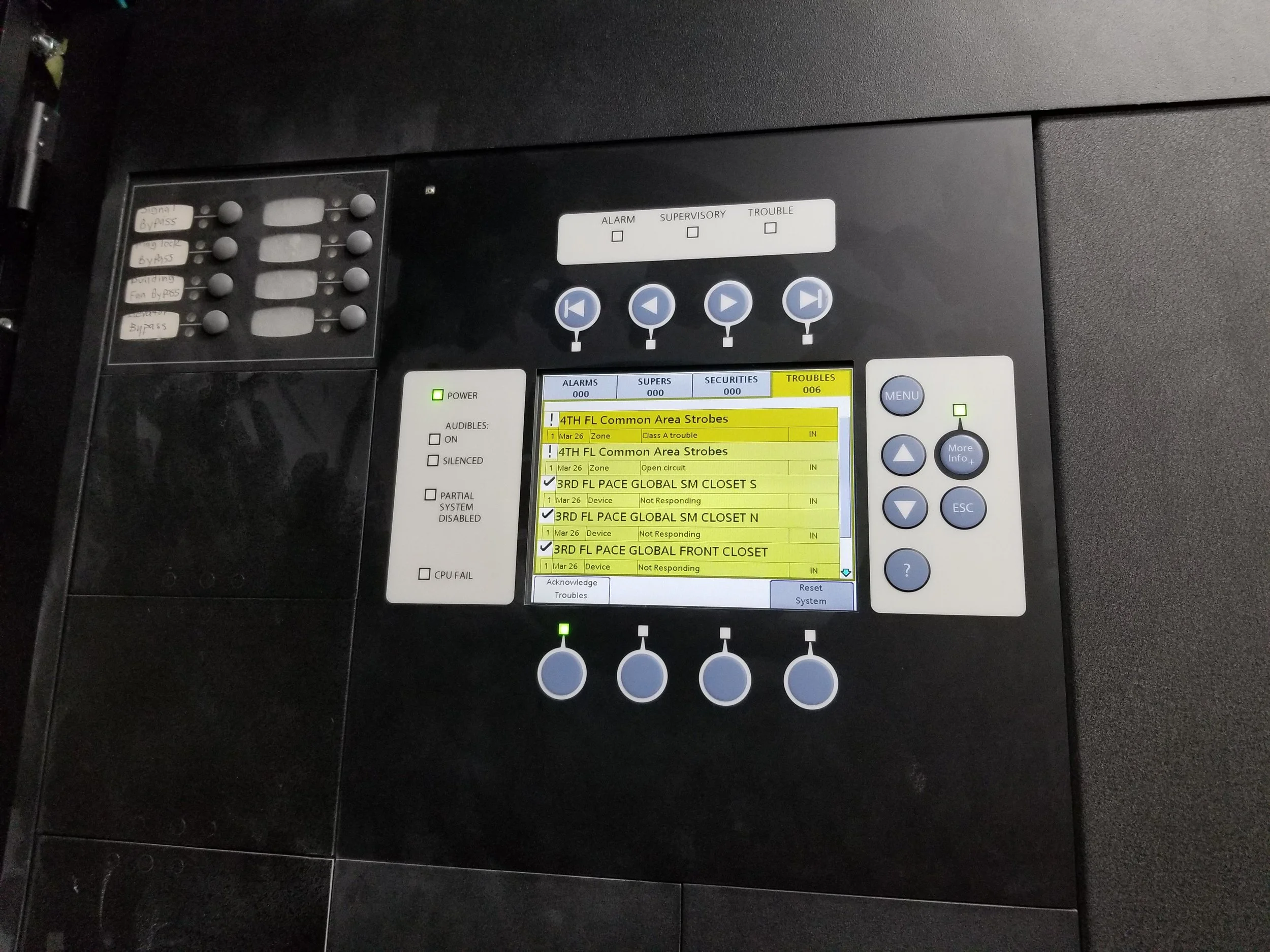 Fire alarm control panel with alert messages and indicator lights