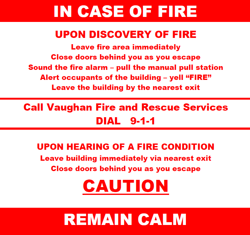 Fire safety instructions sign with red and white color scheme, titled 'IN CASE OF FIRE', outlining steps for discovering and responding to fire, and emergency contact information.