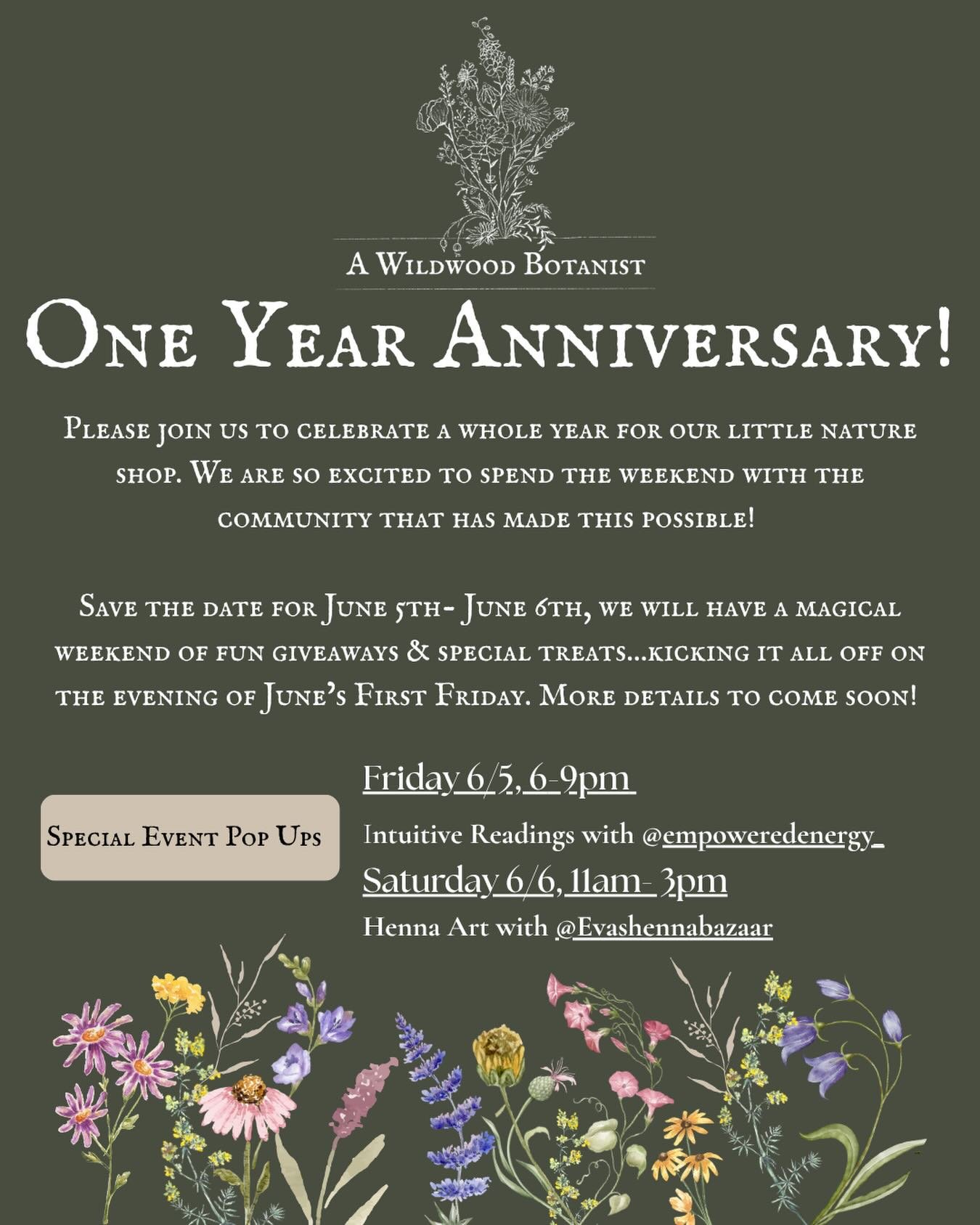 Hi friends! Can you believe we are coming up on the one year anniversary of our beloved little nature shop!? This year has been so magical and would not be possible without this lovely community, so we will be having a whole weekend of celebrations w