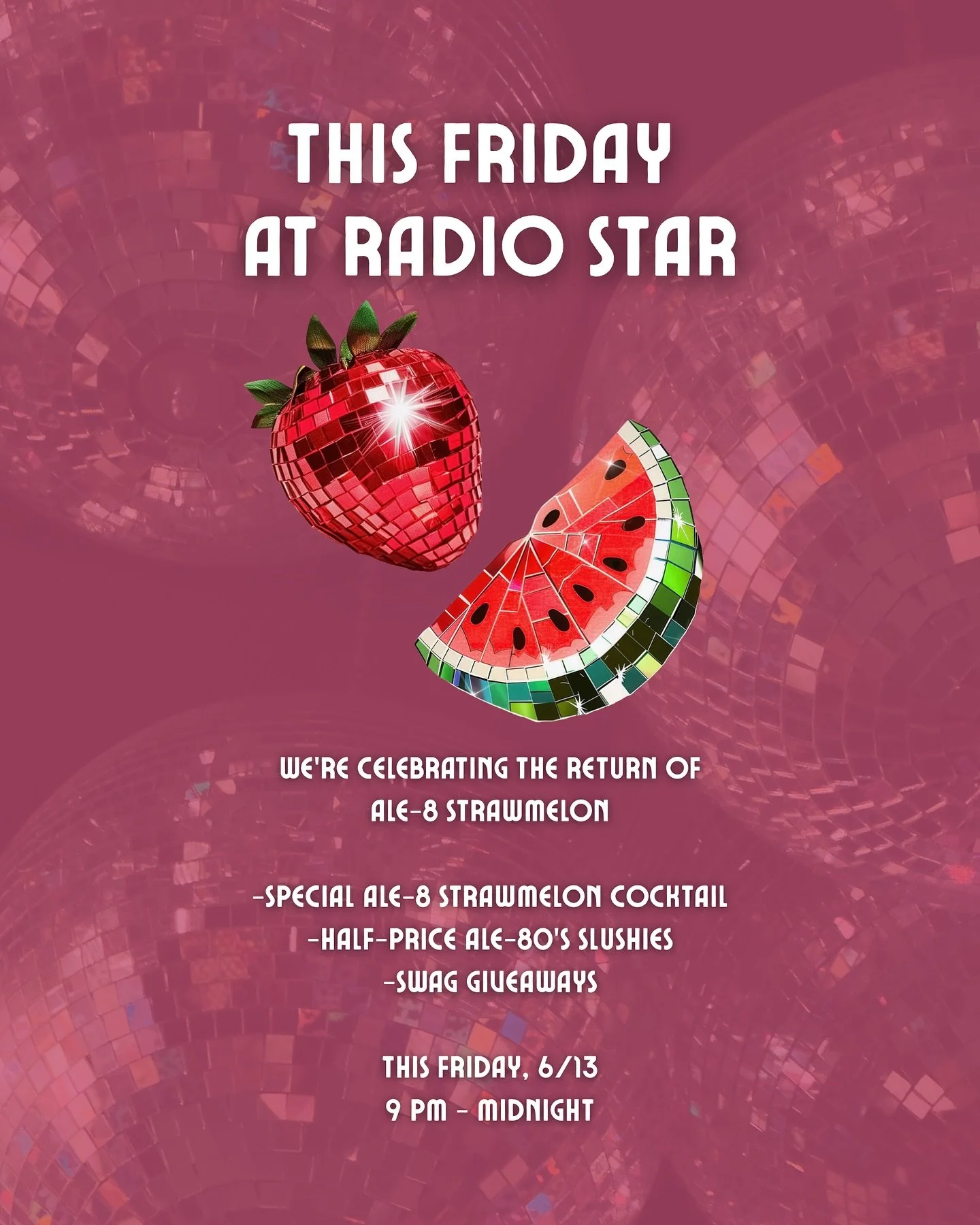 🍓🍉StrawMelon Summer is BACK, baby!🍉🍓

We&rsquo;re throwing a pink carpet party this Friday, June 13th with our friends at @ale8one to celebrate the return of their limited summer flavor&mdash;StrawMelon!

🎉 Half-price Ale-80&rsquo;s Slushies
🍹 