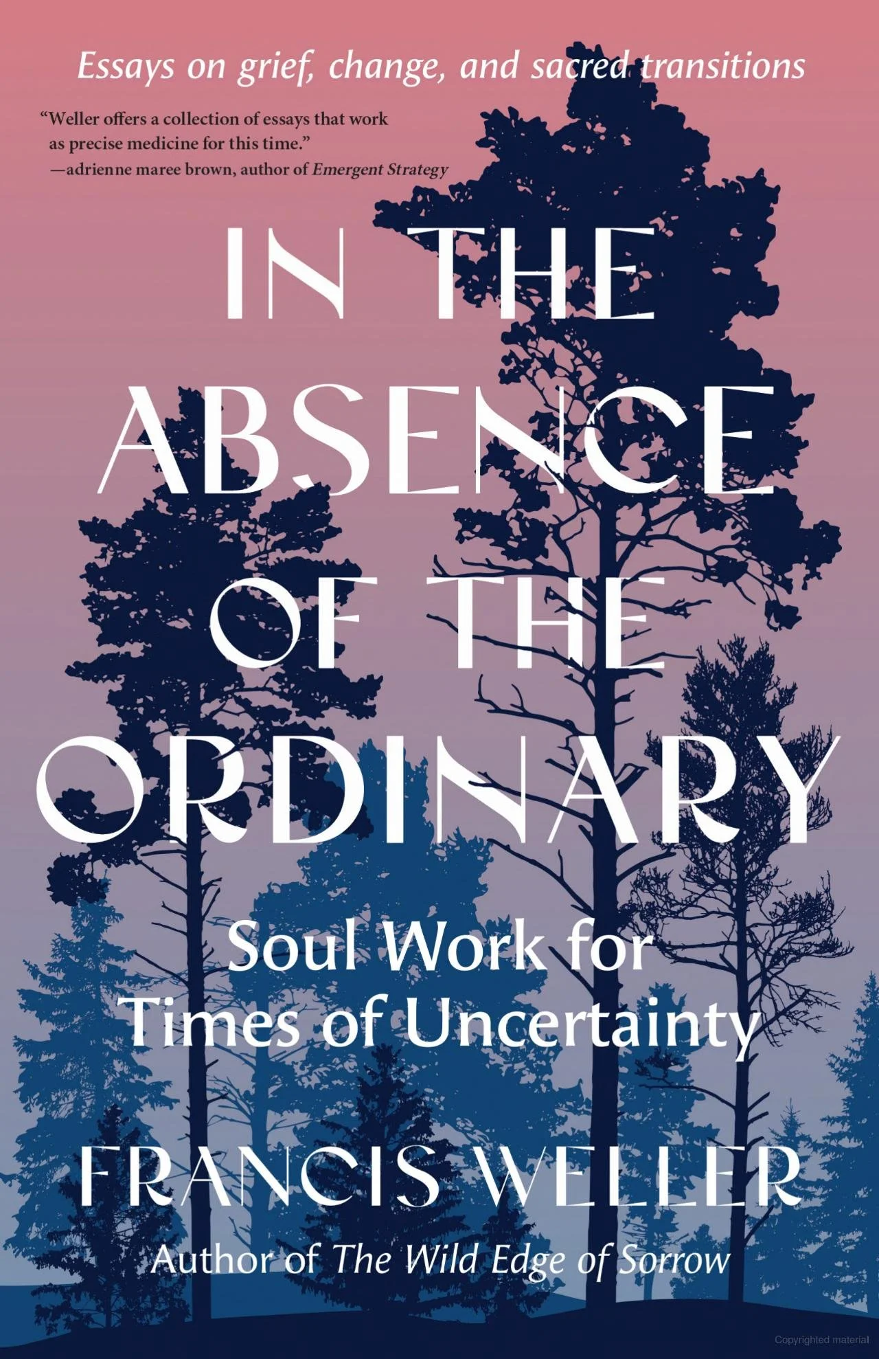 Book cover with silhouettes of trees and a pink to purple gradient sky, featuring text about essays on grief, change, and sacred transitions, authored by Francis Weller.