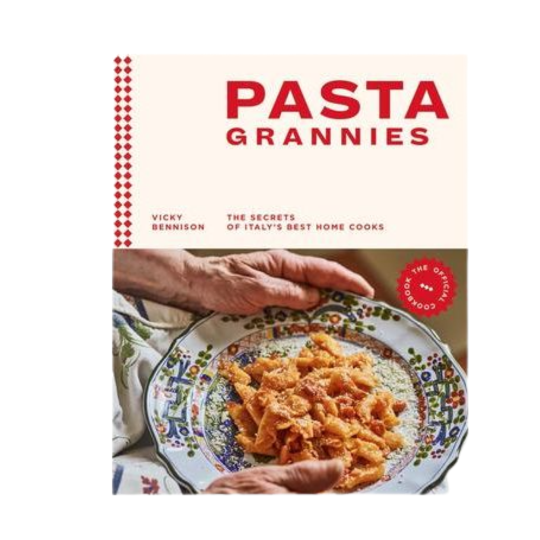 Cover of a cookbook titled "Pasta Grannies" by Vicky Bennison, featuring a photo of a hand holding a decorative plate with pasta on it.
