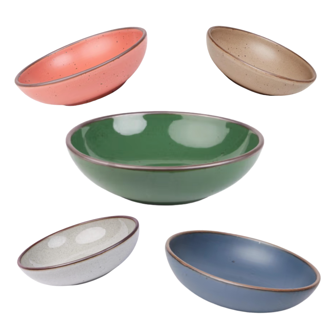 Six colorful ceramic bowls, including pink, beige, green, white, and blue, arranged against a white background.