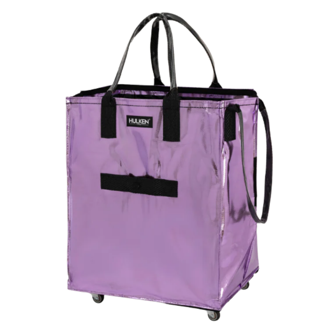 A purple portable shopping cart with black handles, black straps, and four small wheels. It has a black patch with the brand name 'HULKEN' on the front.