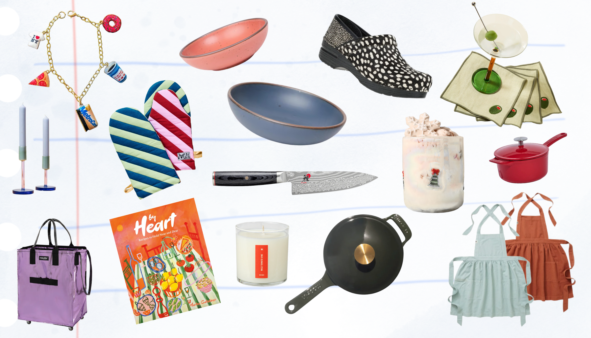 Collection of kitchenware, home decor, and accessories including shoes, a necklace, oven mitts, bowls, a knife, a candle, a pan, a small pot, a glass with cocktail, a magazine, tote bags, and a baby changing pad.