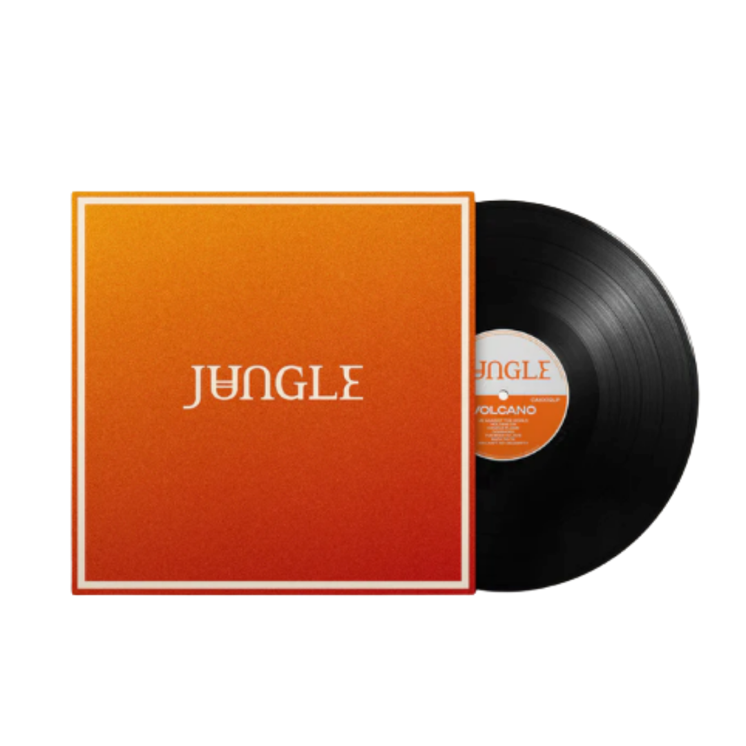 A vinyl record and its cover with the word 'Jungle' on the front, featuring an orange gradient background and a white border.